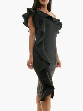 Nina Leonard Ruffle One-Shoulder Scuba Knit Sheath Dress